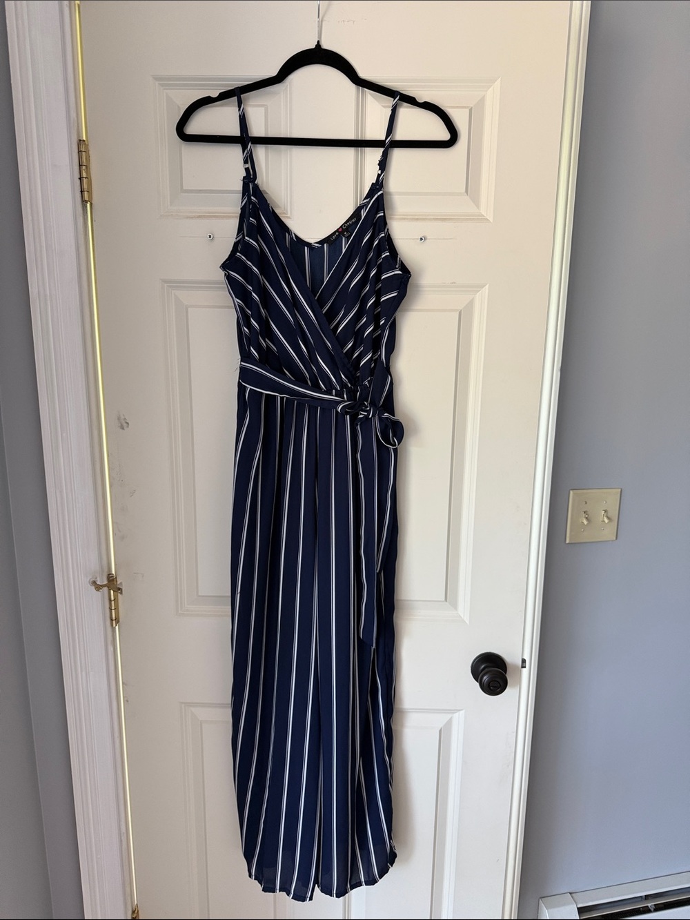 Navy Striped Wrap Maxi Dress with Tie Waist
